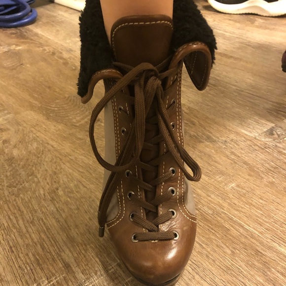 BCBGMAXAZRIA leather lug sole lace up stiletto booties faux fur trim - Picture 9 of 9